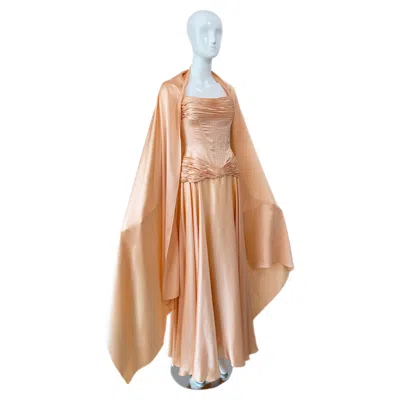 Pre-owned Vicky Tiel Couture Vintage Liquid Silk Hard Boned Corset Gown W. Shawl In Beige