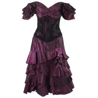 Pre-owned Vicky Tiel Eggplant Pleated Taffeta And Lace Dress - 46 - 1980's In Black