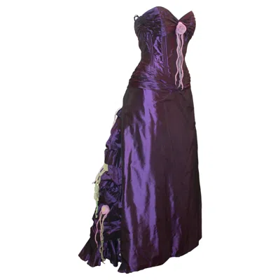Pre-owned Vicky Tiel Purple Silk Taffeta Strapless Gown W/ Floral Detail On Back - 42