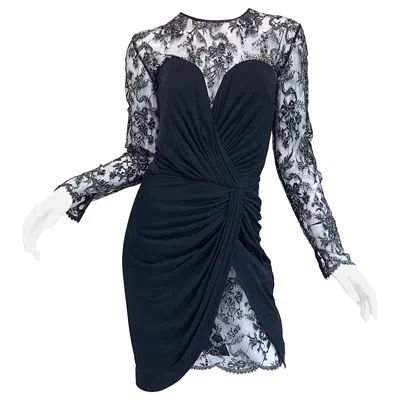 Pre-owned Vicky Tiel Vintage  Couture 1980s Black Silk Jersey + Lace Rhinestone Dress
