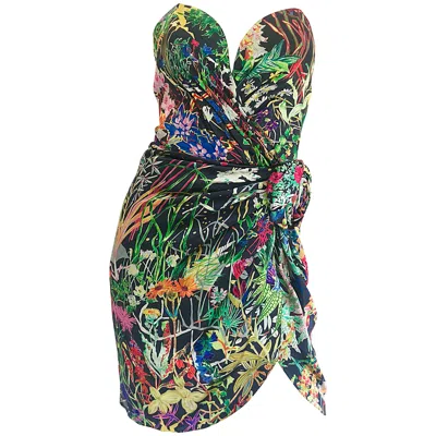 Pre-owned Vicky Tiel Vintage  Couture Botanical Print 80s Size 6 / 8 Silk Strapless Dress In Black