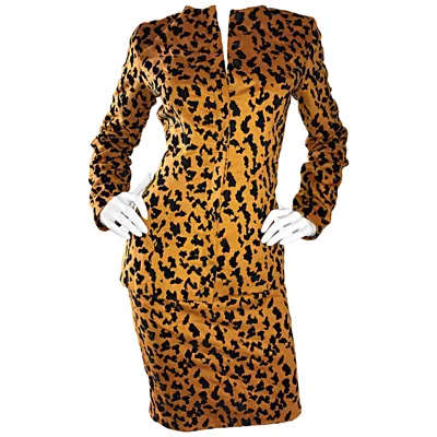 Pre-owned Vicky Tiel Vintage  Couture Leopard Cheetah Print Wool Velvet 1980s Skirt Suit In Brown