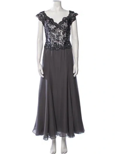 Pre-owned Vicky Tiel V-neck Long Dress In Gray