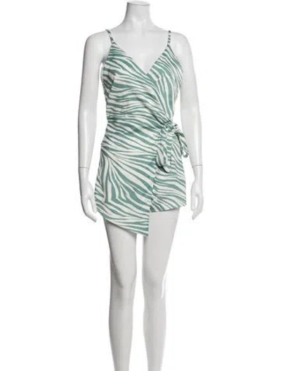 Pre-owned Vicolo Animal Print V-neck Romper In Green