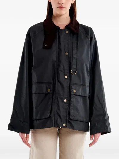 Vicolo Corduroy-collar Waxed-effect Coat In Black