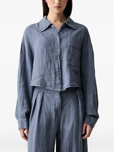 Vicolo Cropped Button-down Linen Shirt In Blue