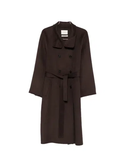 Vicolo Double-breasted Belted Coat In Brown