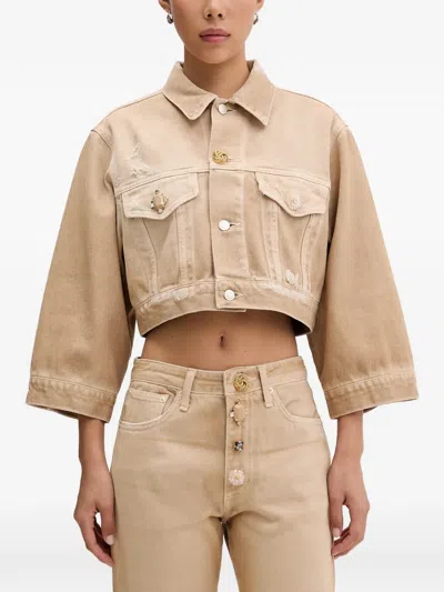 Vicolo Embellished Cropped Denim Jacket In Neutral