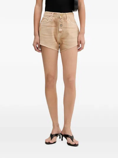 Vicolo Embellished-button Raw-cut Denim Shorts In Brown