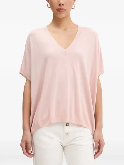 Vicolo Fine-knit V-neck T-shirt In Pink