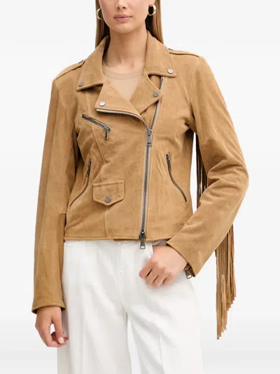 Vicolo Fringe-detail Suede Biker Jacket In Brown