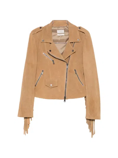 Vicolo Fringe-trimmed Biker Jacket In Brown