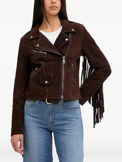 Vicolo Fringe-trimmed Biker Jacket In Brown