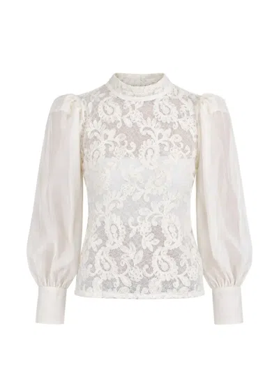 Vicolo Lace-overlay Puff-sleeve Blouse In White