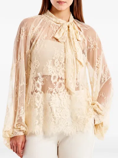 Vicolo Lace-panelled Pussy-bow Blouse In Neutral