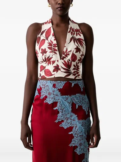 Vicolo Leaf-print Halterneck Top In Red