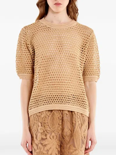 Vicolo Open-knit Short-sleeve Sweater In Brown