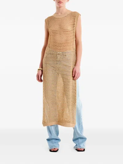 Vicolo Open-knit Side-slit Dress In Neutral