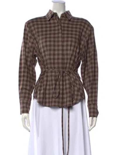 Pre-owned Vicolo Plaid Print Long Sleeve Button-up Top In Brown