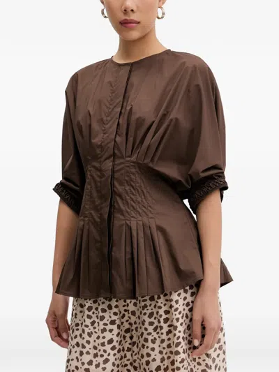 Vicolo Pleated-waist Puff-sleeve Blouse In Brown
