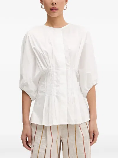 Vicolo Pleated-waist Puff-sleeve Blouse In White