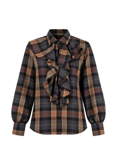 Vicolo Ruffled Check-print Button-up Shirt In 브라운