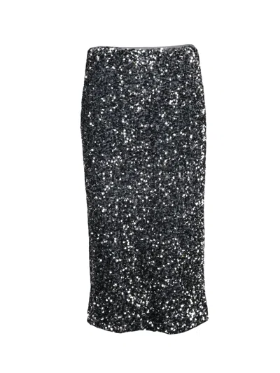 Vicolo Silver Sequin Stretch Zip Midi Skirt In Black