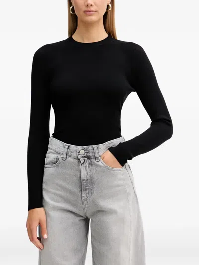 Vicolo Tie-back Ribbed Long-sleeve Top In Black