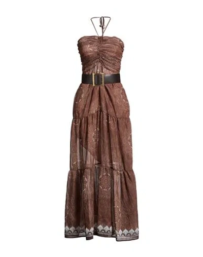 Vicolo Woman Maxi Dress Chocolate Brown Size M Lyocell, Nylon In Animal Print