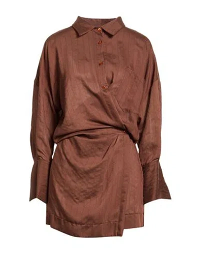 Vicolo Woman Mini Dress Chocolate Brown Size S Viscose, Polyamide, Linen, Polyester