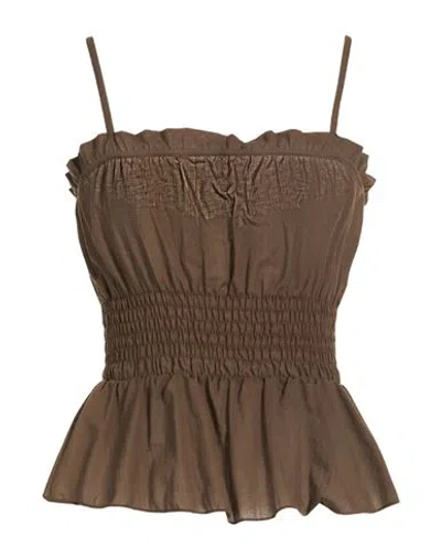 Vicolo Woman Top Khaki Size M Cotton In Brown