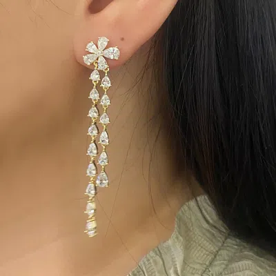 Vicstonenyc Fine Jewelry Elegant Yellow Gold Vermeil Flower Dangle Earrings – Long Drop Jewelry For Women