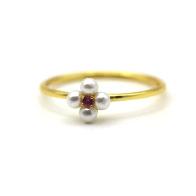 Vicstonenyc Fine Jewelry Women's Flower Pearl With Red Ruby Gemstone Gold Ring