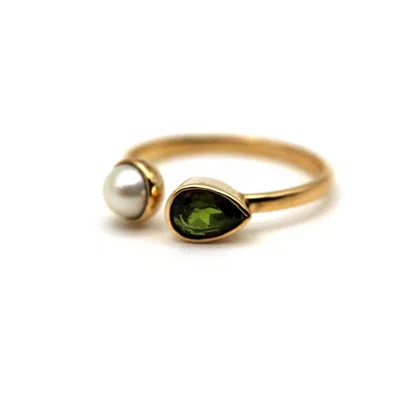 Vicstonenyc Fine Jewelry Women's Natural Peridot With Pearl Yellow Gold Open Cuff Ring