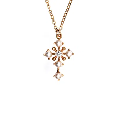 Vicstonenyc Fine Jewelry Women's Rose Gold Natural Diamond And Pearl Cross Rose Solid Gold Necklace
