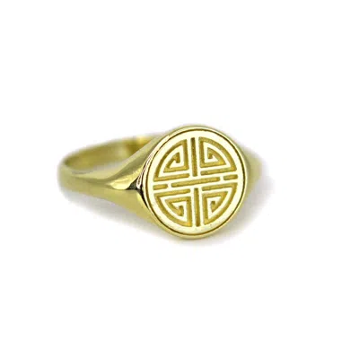 Vicstonenyc Fine Jewelry Women's Yellow Solid Gold Long Healthy Life Pattern Signet Ring By Handmade