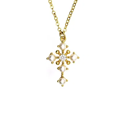 Vicstonenyc Fine Jewelry Women's Yellow Solid Gold Natural Diamond And Pearl Cross Necklace