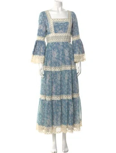 Pre-owned Victor Costa Floral Print Long Dress In Blue