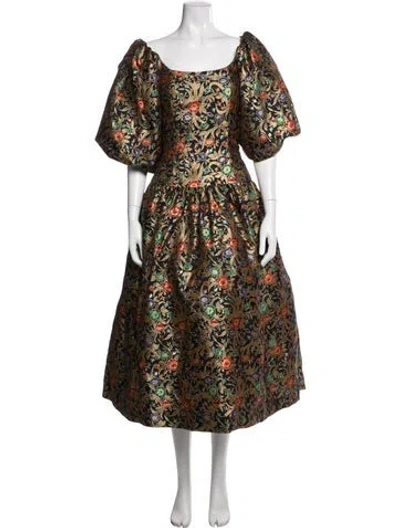 Pre-owned Victor Costa Floral Print Midi Length Dress In Black