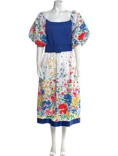 Pre-owned Victor Costa Floral Print Midi Length Dress In Blue