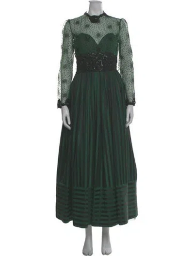 Pre-owned Victor Costa Mock Neck Long Dress In Green
