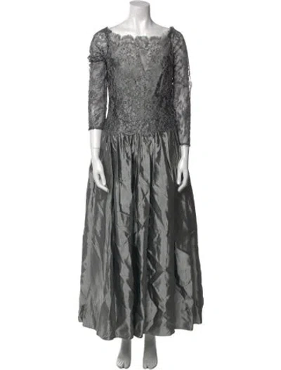 Pre-owned Victor Costa Printed Long Dress In Gray