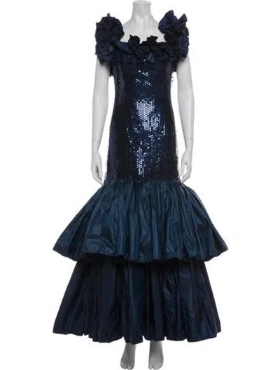 Pre-owned Victor Costa Square Neckline Long Dress In Blue