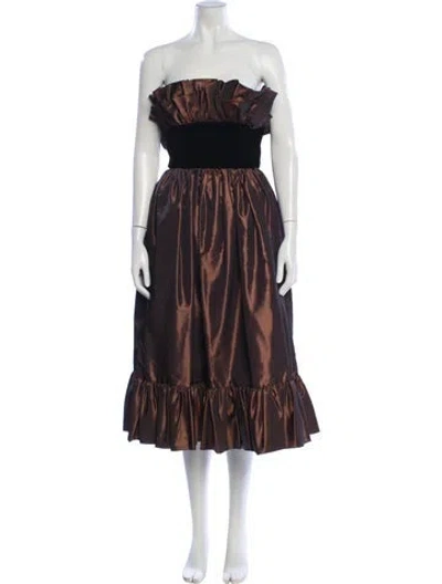 Pre-owned Victor Costa Strapless Knee-length Dress In Brown