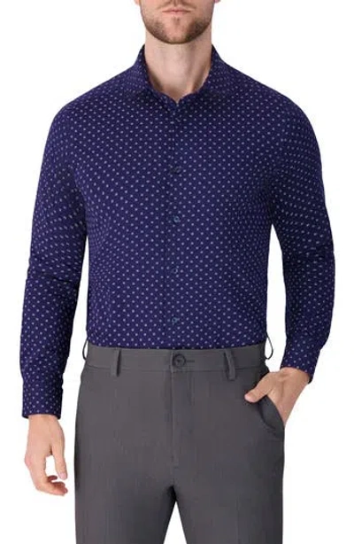 Victor Emmanuel Regular Fit Navy Geometric Print Knit Cotton Dress Shirt In Blue