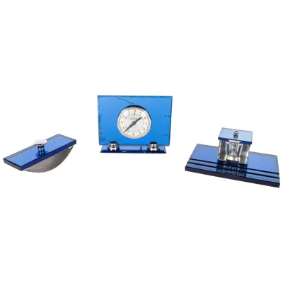 Pre-owned Victor Three-piece Art Deco Machine Age Cobalt Mirror And Chrome Desk Set By  In Blue