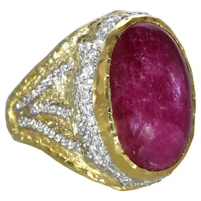 Pre-owned Victor Velyan 18k & 24k Gold Ring With 22.15 Carat Cabochon Ruby & Diamonds By  In Multi
