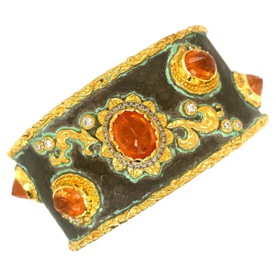 Pre-owned Victor Velyan 24kt Yg/ss 19.72ct Spessartite 0.93ct Diamond Cuff Bracelet In Multi