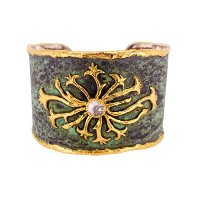 Pre-owned Victor Velyan Natural White Zircon Cuff In Green Patina