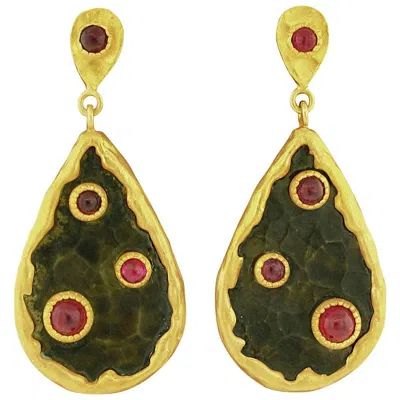 Pre-owned Victor Velyan Ruby Silver Gold Earrings With Brown Patina